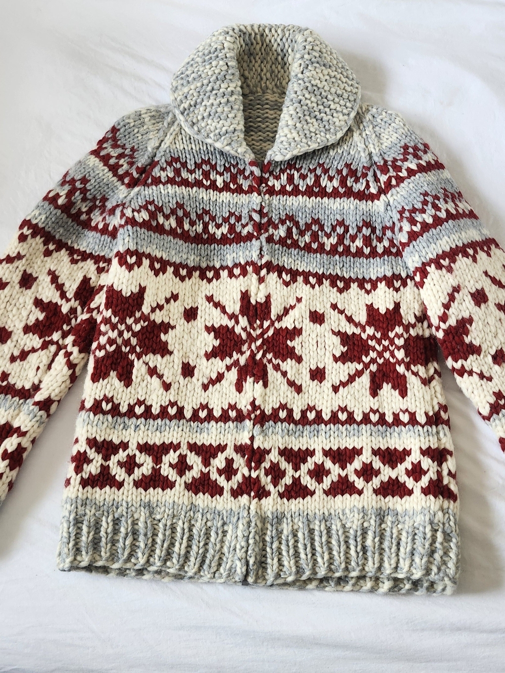 Vintage Handmade Chunky Knit Wool Sweater - Red & Cream